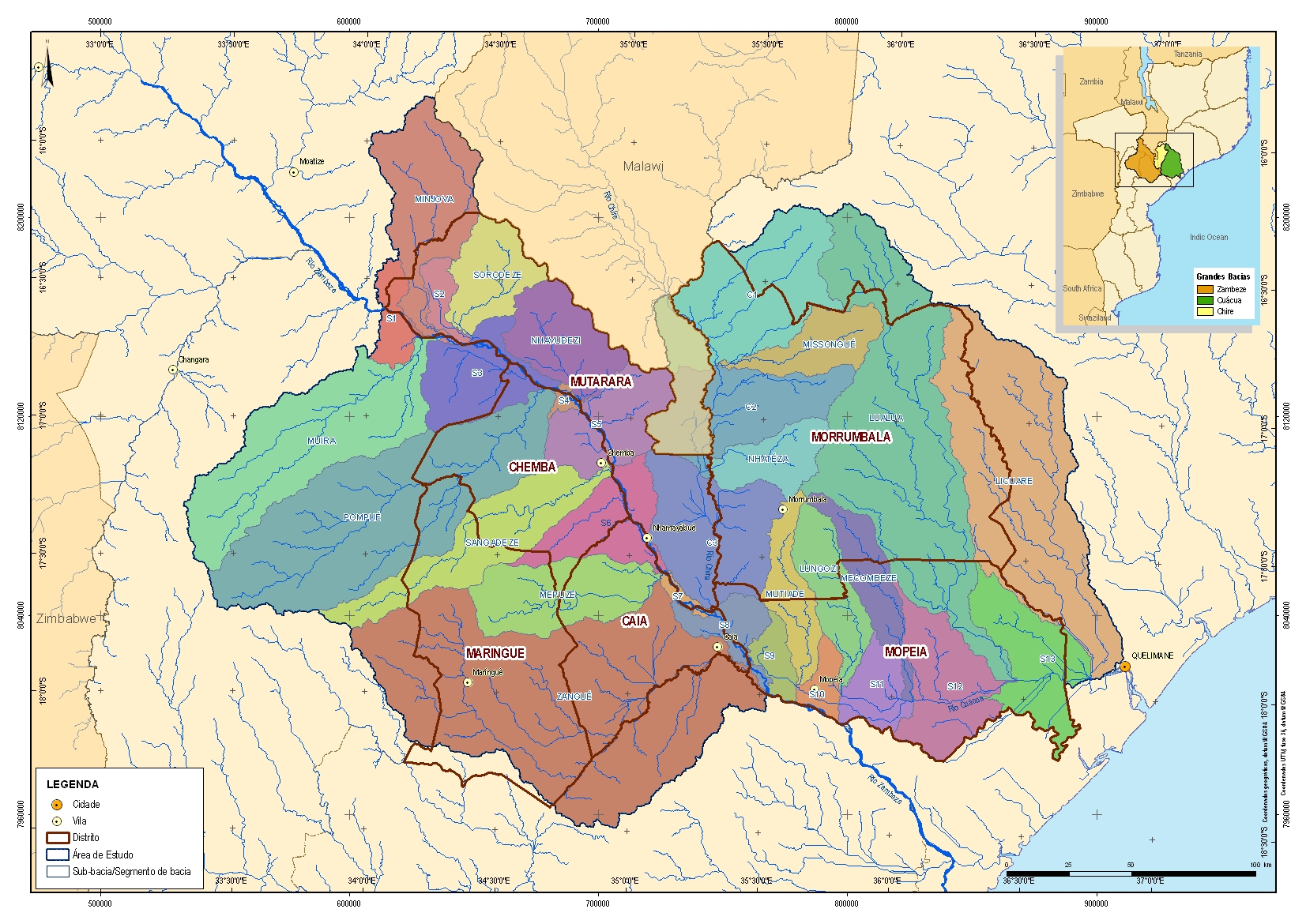 Área de estudo, distritos e bacias hidrográficas envolvidas