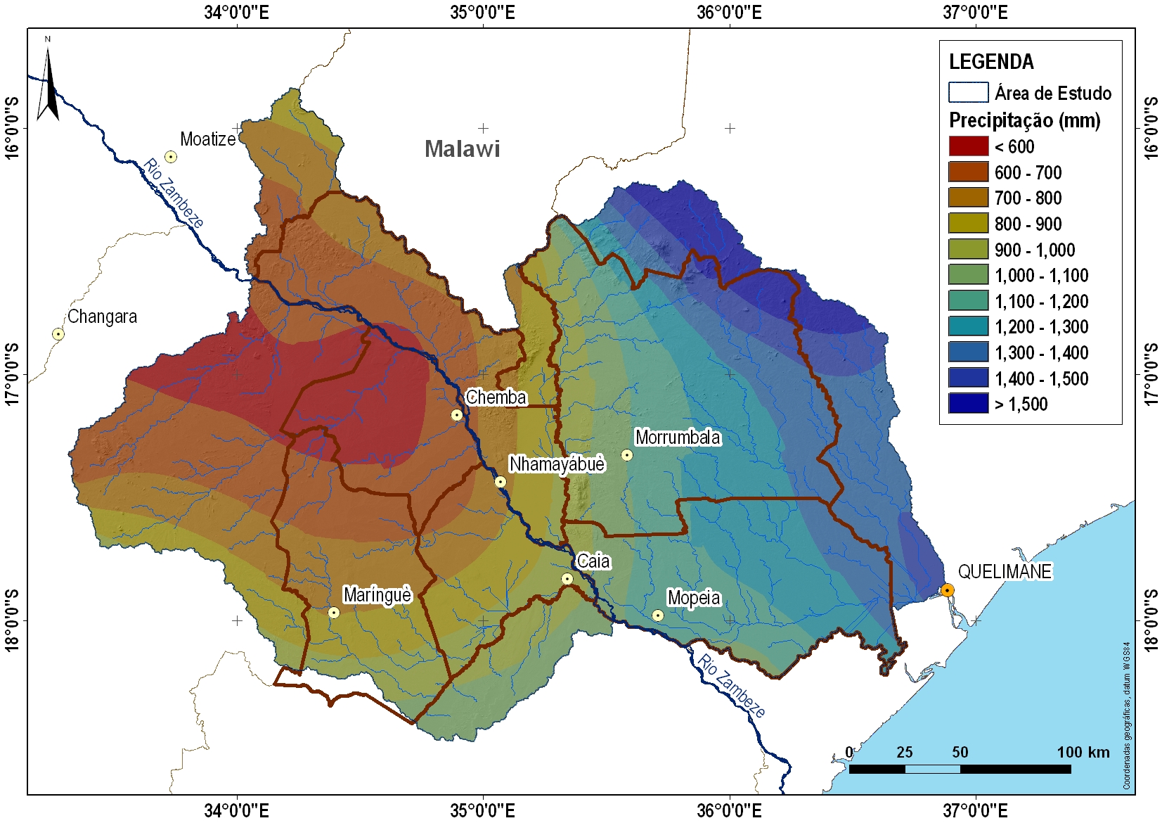 Distribuição espacial da precipitação média anual na área de estudo